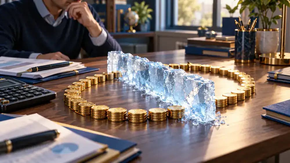 Circular pathway of coins interrupted by a translucent ice barrier representing a temporary HELOC credit freeze.