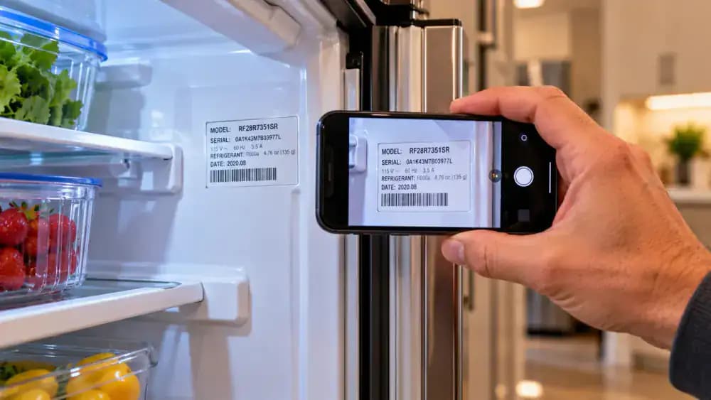 Person photographing a refrigerator model identification label with a smartphone and checking a replacement door gasket listing in a manufacturer's parts catalog on a laptop.