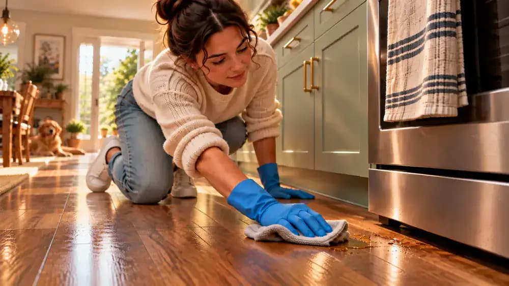 Person measuring floor cleaner in a graduated measuring cup beside a labeled cleaner bottle and bucket of water in a bright American kitchen with vinyl plank flooring.