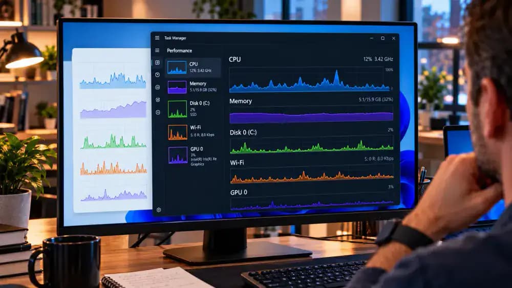 Windows 11 Task Manager Performance page showing CPU, Memory, and Disk activity graphs beside illustrative Earlier Observation and After Restart comparison notes in a computer lab.