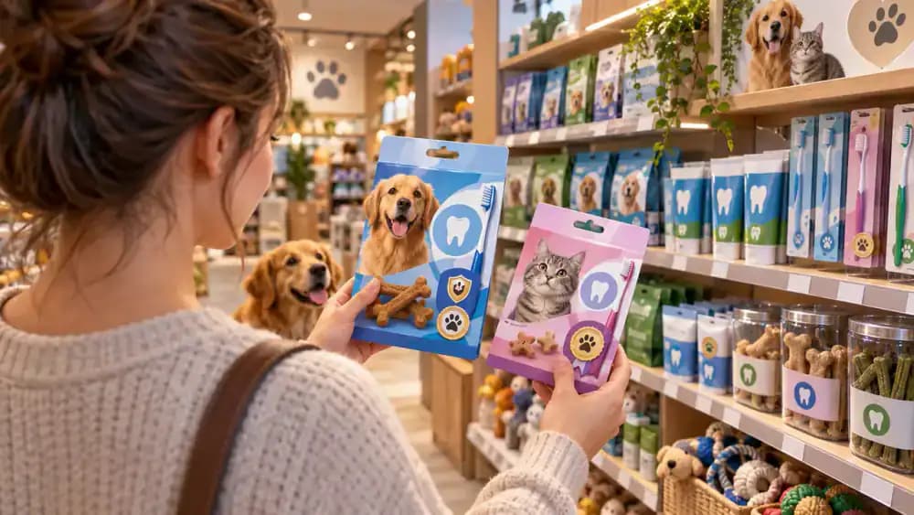 Pet owner comparing dental products and Veterinary Oral Health Council seals in a pet store aisle