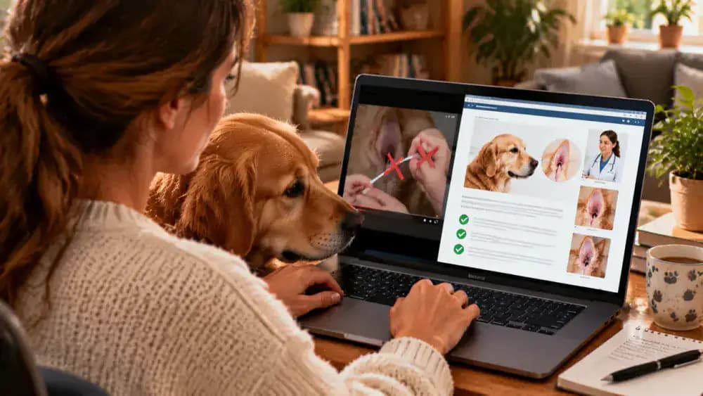 Owner reviewing conflicting dog grooming videos on a laptop, closing a misleading cotton swab demonstration, and opening a veterinary clinic's educational page.