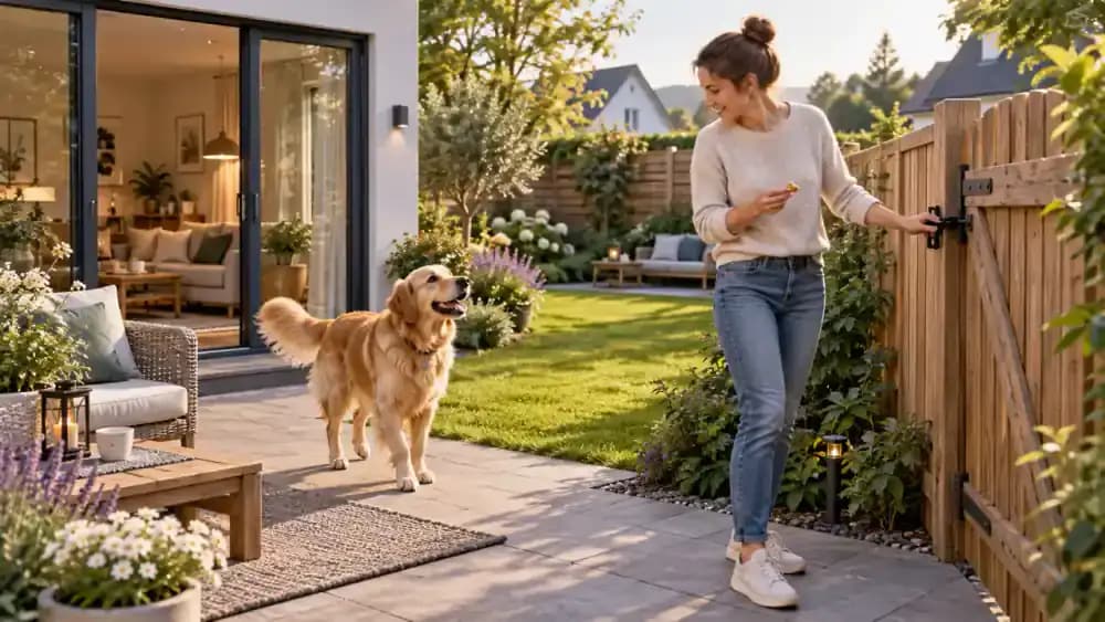Owner checking a backyard gate before rewarding a golden retriever for recalling near the patio