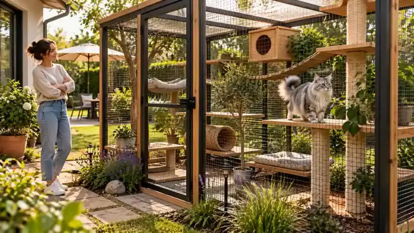 Silver longhaired cat calmly exploring a spacious enclosed backyard catio with secure mesh walls, climbing shelves, a branch, shade, water, and potted plants while its owner watches nearby.