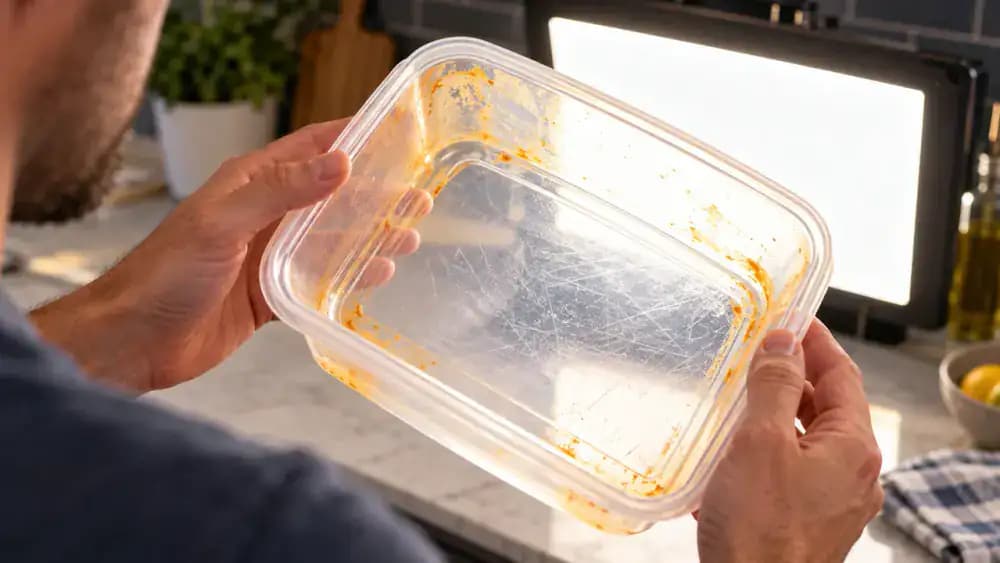 Close-up of hands inspecting a transparent plastic food container with orange discoloration along its lower corners on a matte navy tabletop, using a stainless steel straightedge to check the rim and comparing it with a visibly warped container marked for replacement.