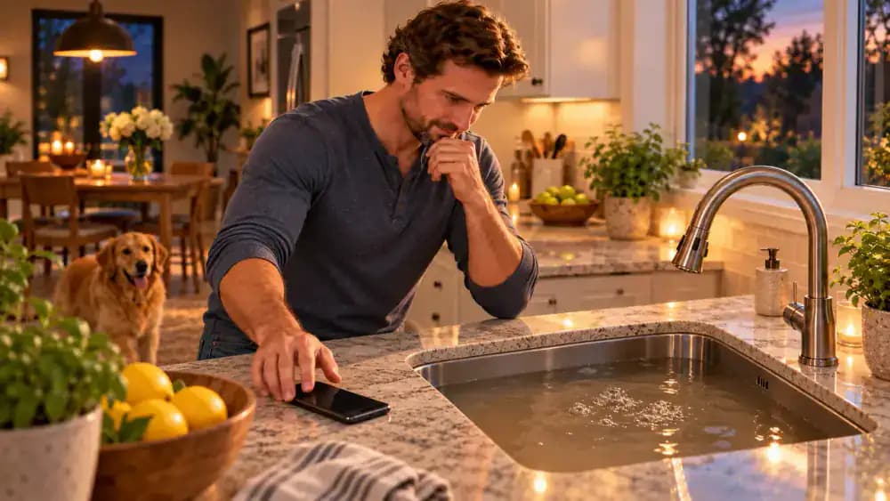 Kitchen sink with water backing up in the disposal-side basin, a visible gurgling bubble near the drain, the disposal switch turned off, and a homeowner reaching for a plumber contact card.