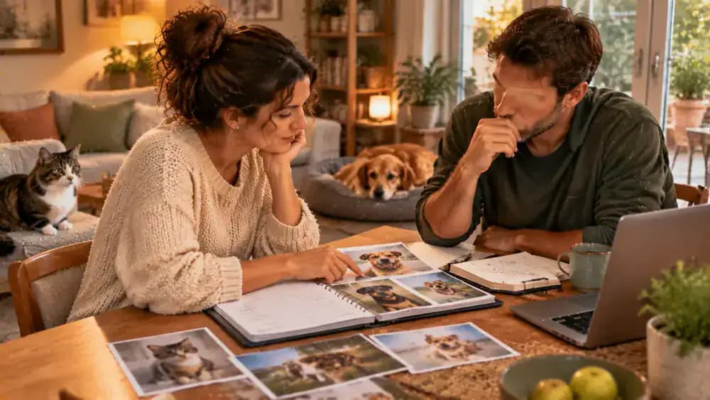 Prospective adopter reviews shelter notes and an animal information folder at a dining table while discussing remaining questions with a family member before deciding whether to adopt.