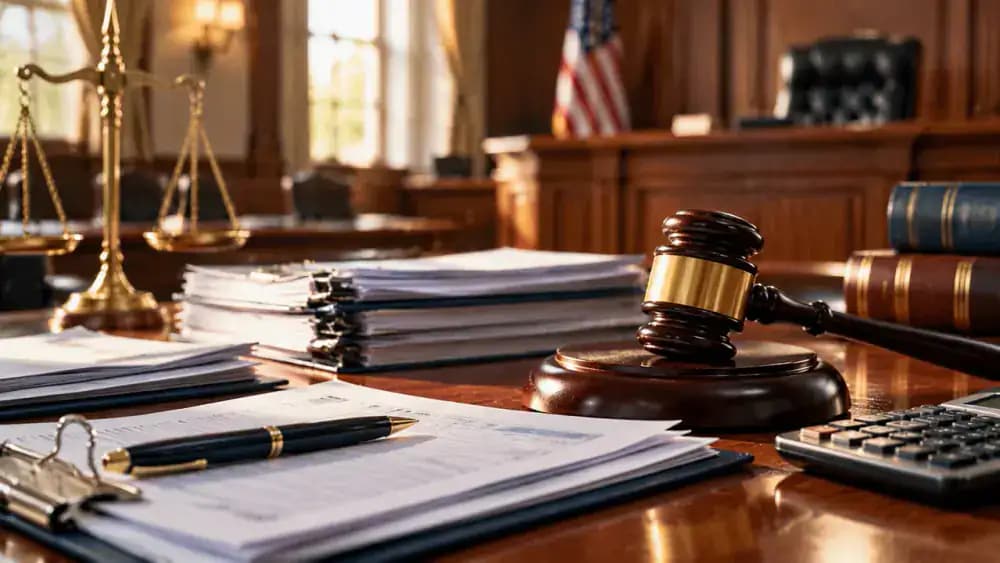 Judge's gavel beside legal papers and a calculator in a courtroom.