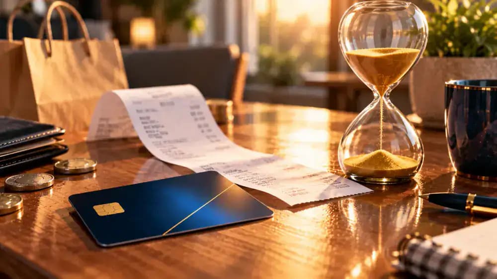 Credit card, shopping receipt, and hourglass representing the purchase interest grace period.