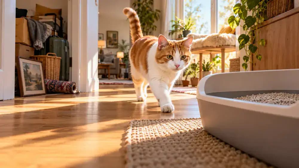 Low cat-eye view from a sunny window perch comparing a cluttered route through several doorways with a direct, unobstructed path to a litter box, alongside a floor plan showing both routes.