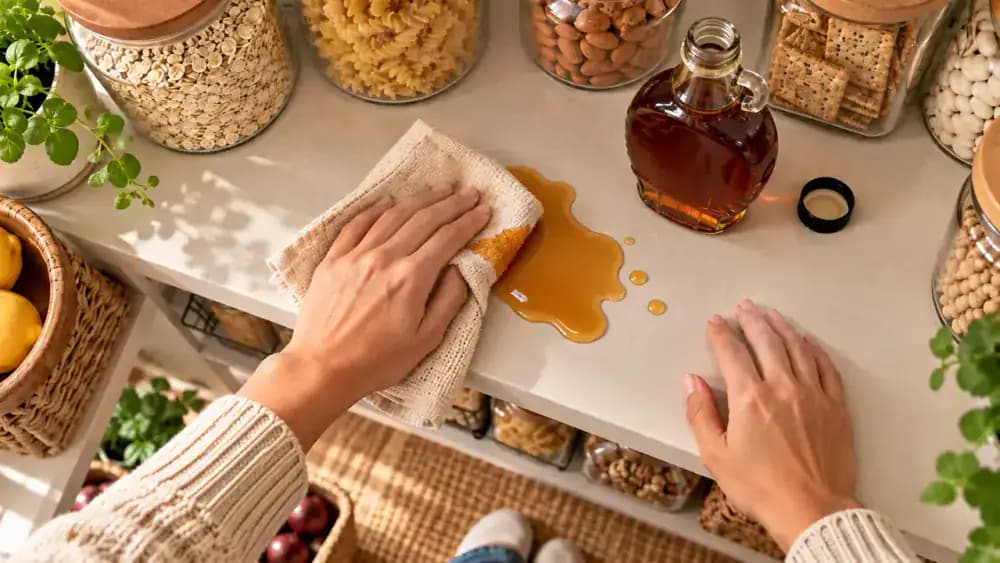 Overhead close-up of hands blotting a fresh maple syrup spill with a folded white cotton cloth on a protected laminate pantry shelf, with nearby snack containers moved aside for cleaning.