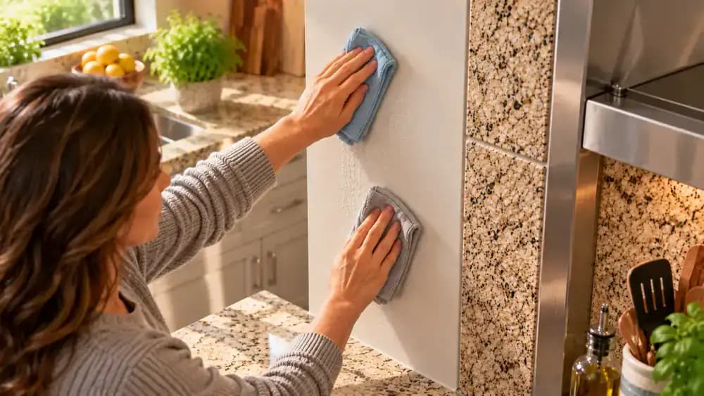 Portable light shining at a low angle across a dried painted backsplash while a hand cleans a small dull grease mark with a folded microfiber cloth.