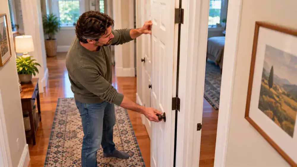 Elevated diagonal view of a homeowner gently swinging an unsupported white interior door using its nickel lever handle while inspecting the hinge-side gap along three brass hinges. Removed cardboard support rests on a nearby table.