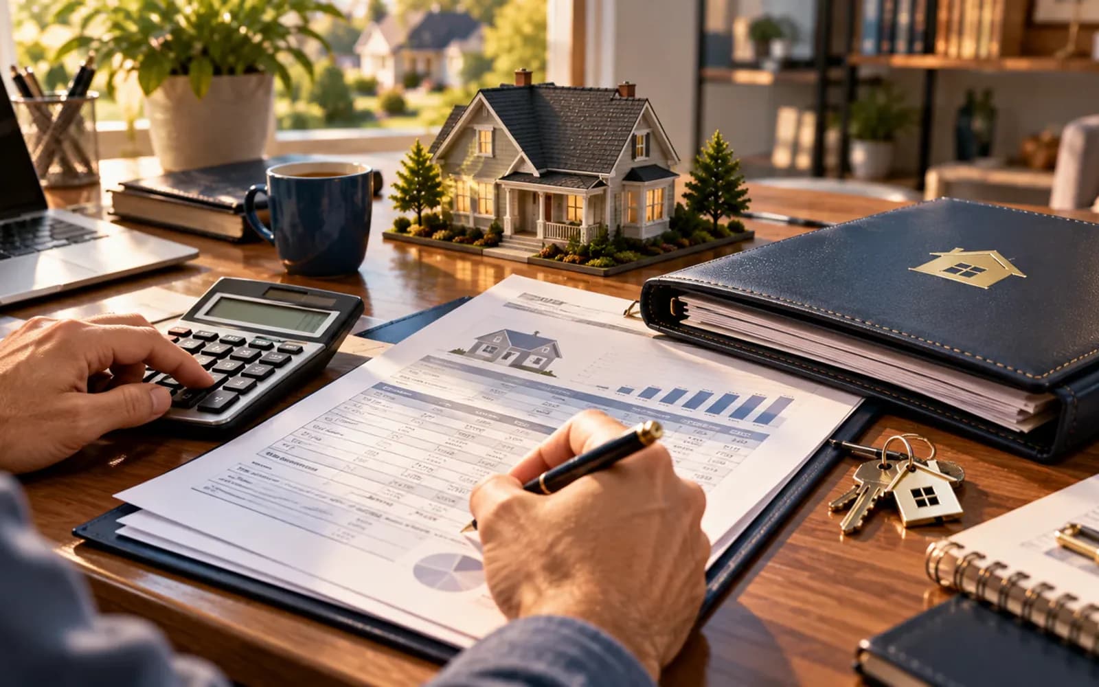 Mortgage statement and calculator on a home office desk