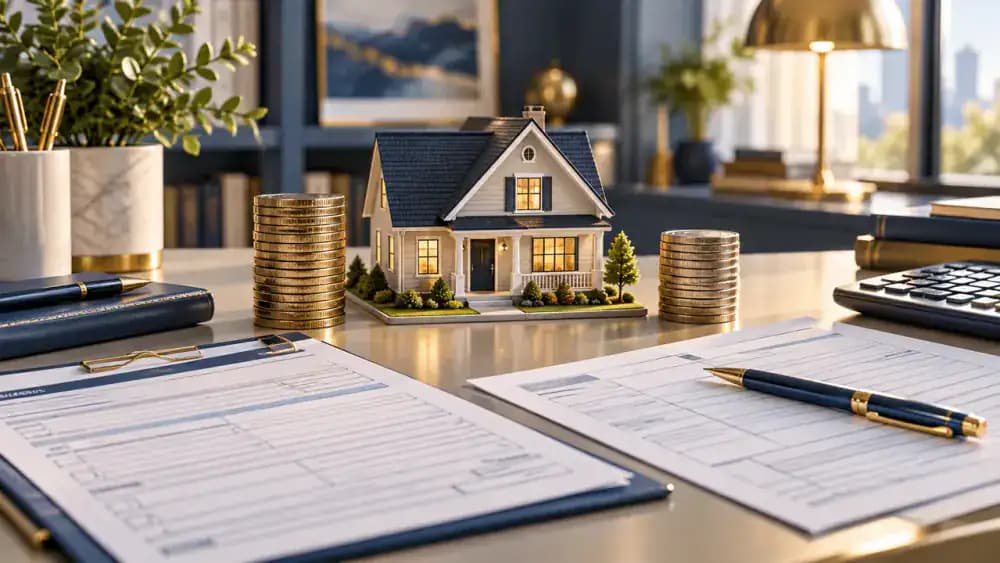 Miniature house positioned between two different stacks of coins and blank tax forms.