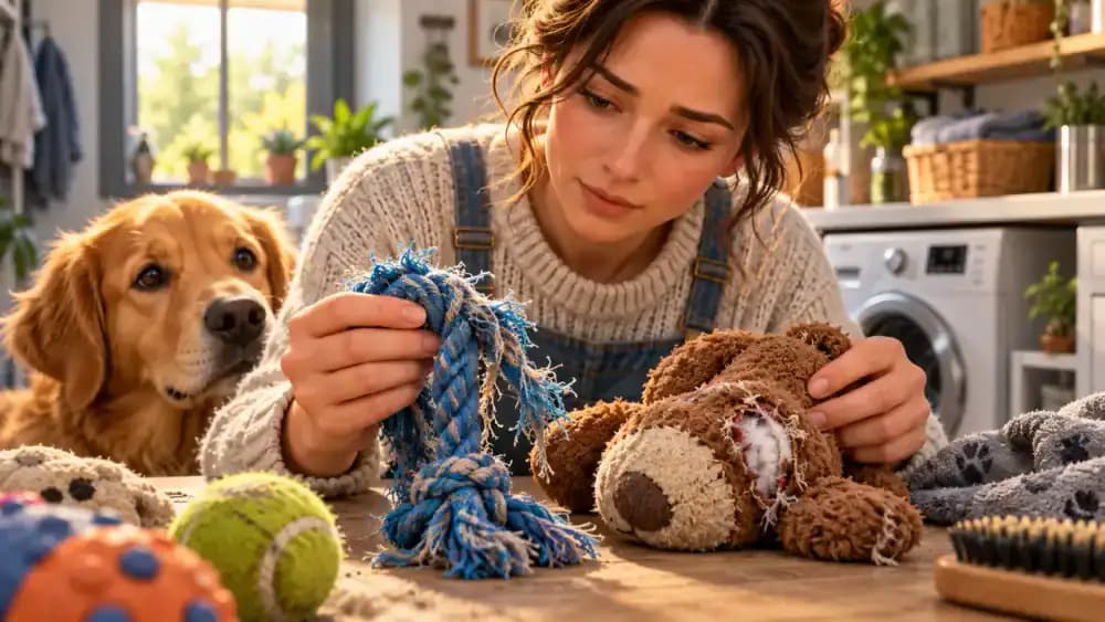 Owner inspecting a rubber ball, checking loose strands on a rope toy, and removing a damaged plush animal before supervised play with a golden retriever.