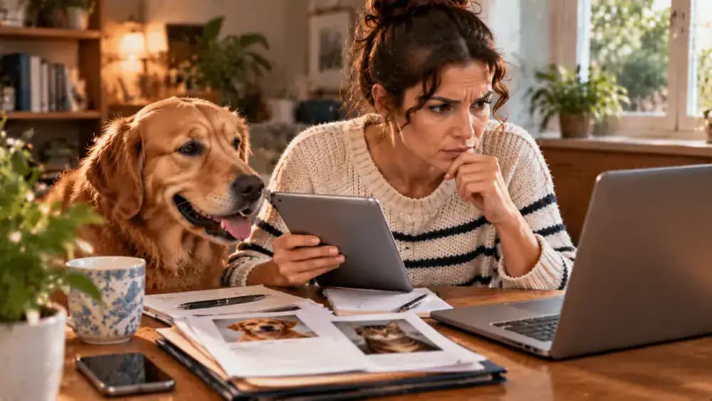 A pet owner compares an unfamiliar paid microchip registration website with the official provider's information page before closing the questionable payment screen.
