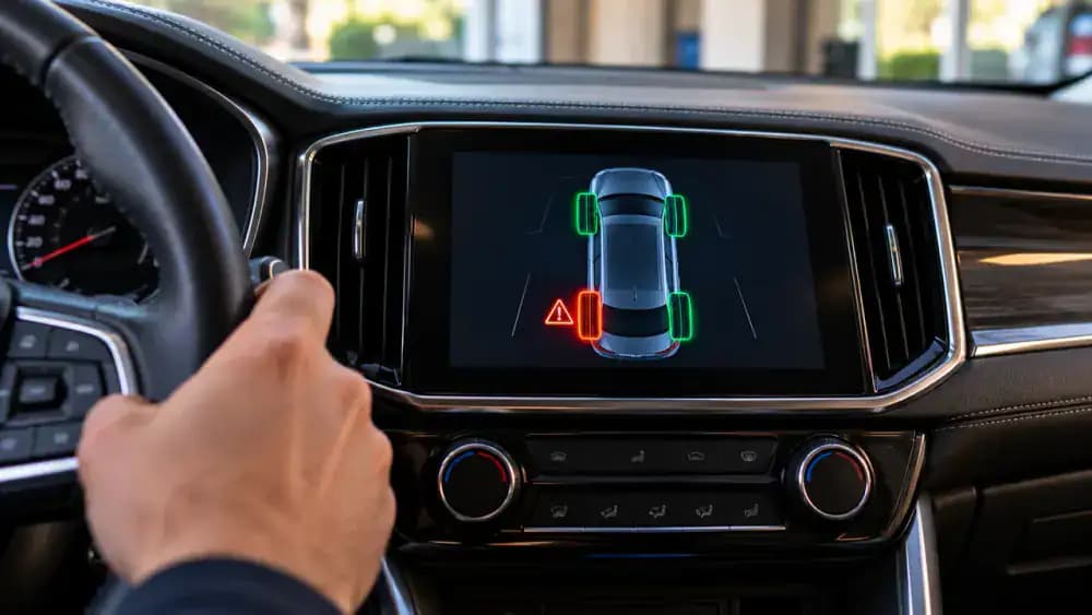 Driver viewing an illustrative tire pressure monitoring system screen with a four-wheel vehicle diagram, then checking an accessible tire with a digital pressure gauge in a safe parking area.