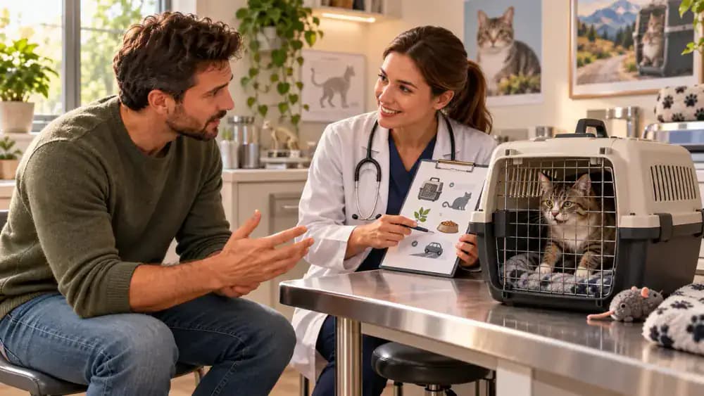 Veterinarian discussing an individualized travel plan with a cat owner beside a carrier