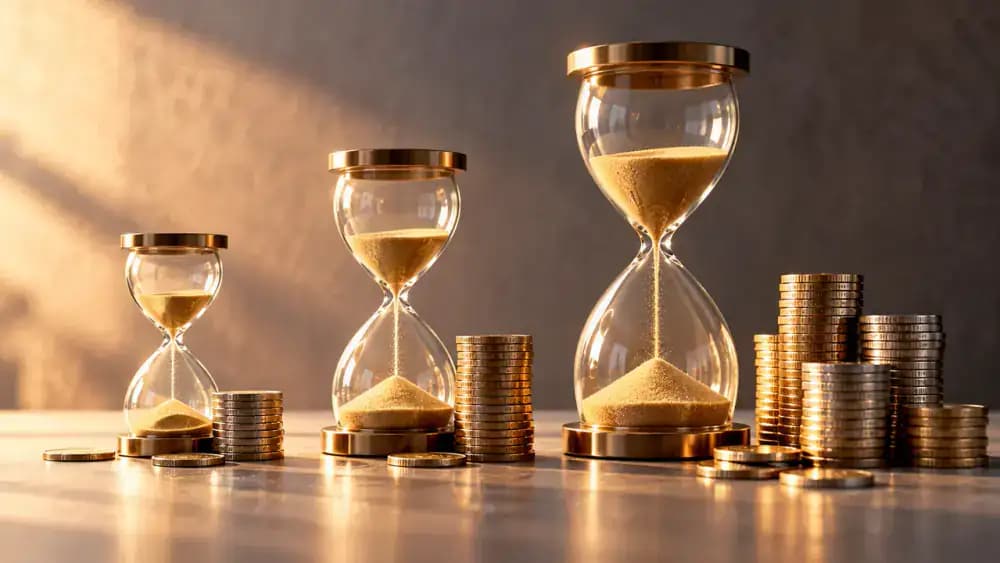 Three hourglasses surrounded by progressively larger piles of coins representing increasing borrowing expenses over time.