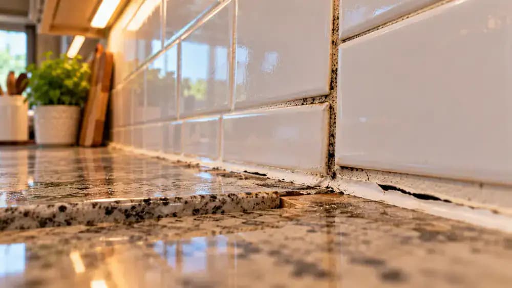 Homeowner wearing blue nitrile gloves inspecting a cream ceramic kitchen backsplash near the sink, examining a separated caulk joint, dark grout patch, swollen countertop edge, and slightly displaced tile while recording observations on a checklist.