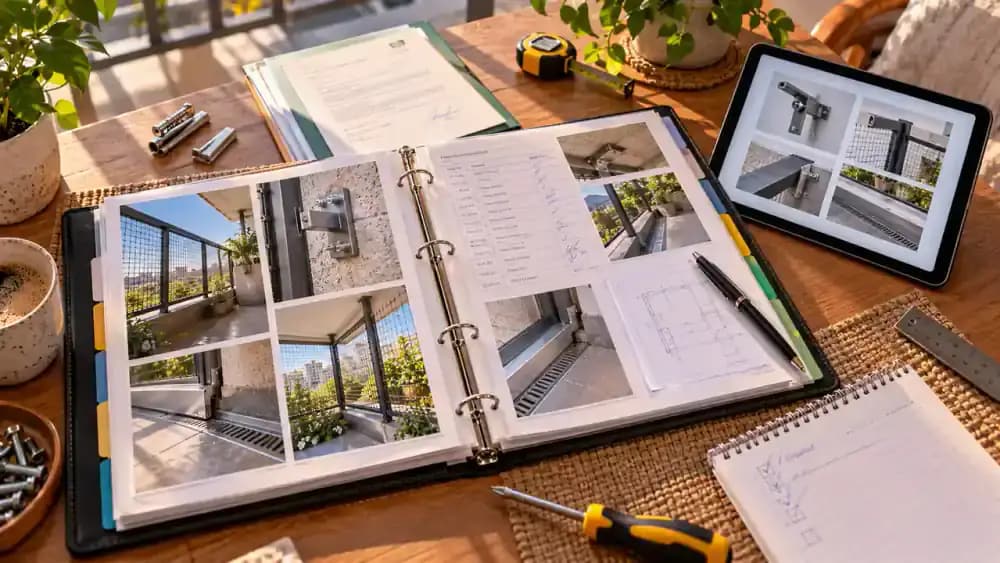 Overhead view of a home maintenance binder, printed balcony enclosure photographs, and a tablet displaying dated inspection records, with the owner organizing repair documentation and building approval paperwork.