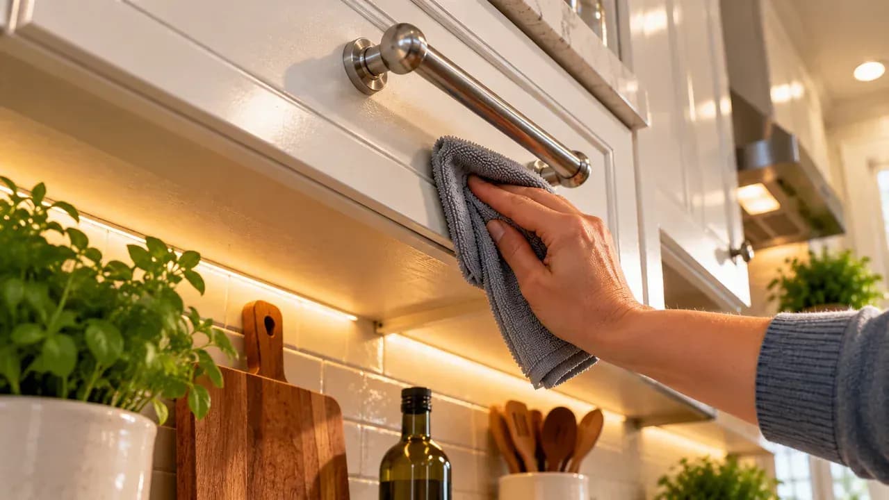 Low upward view of a painted cabinet door as a clean, dry microfiber cloth wipes the flat surface directly below the handle to remove lingering moisture.