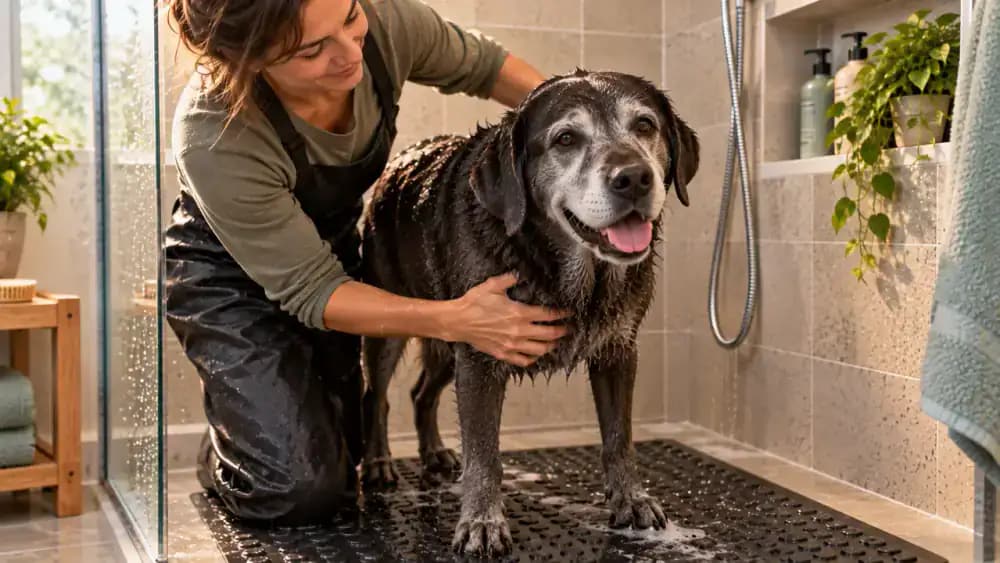Senior Labrador Retriever with a gray muzzle standing on a thick nonslip mat in a level shower while its owner gently supports its torso.