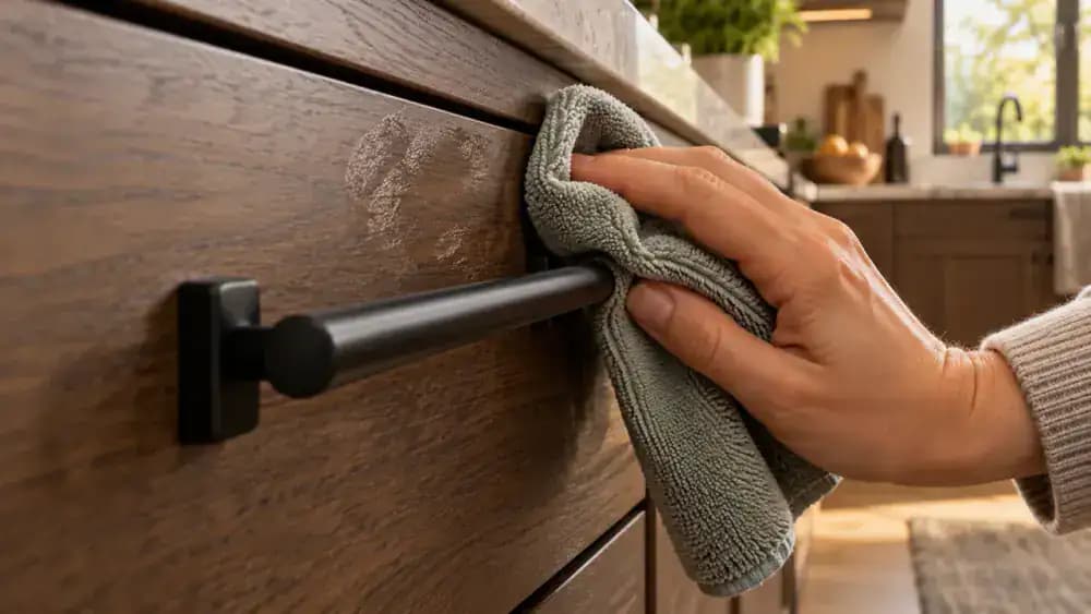 Close-up side view of an adult cleaning oily fingerprints above a horizontal matte black cabinet handle on satin-finished smoked maple wood using a pale lavender microfiber cloth.