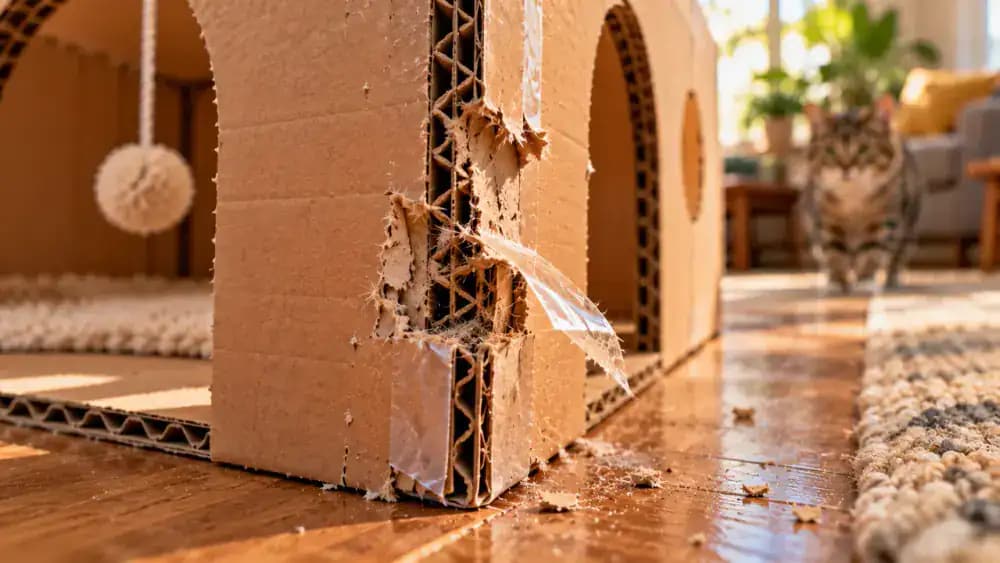 Owner inspecting a used cardboard cat maze, identifying a softened floor panel, torn corner, and peeling exterior tape, then clearing debris and checking space around furniture.