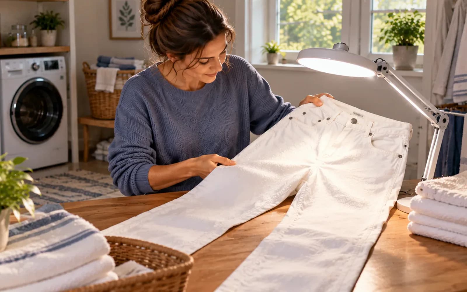 Person inspecting damp white jeans laid flat on a folding table under an adjustable daylight lamp, comparing the treated thigh area with clean denim near the opposite knee.