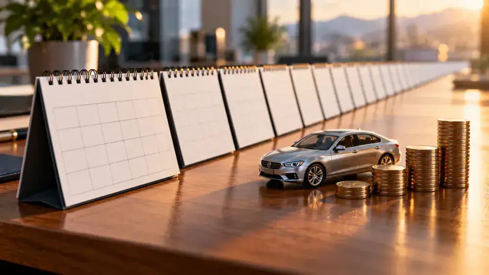 A long arrangement of blank calendar pages beside a miniature car and orderly coin stacks.
