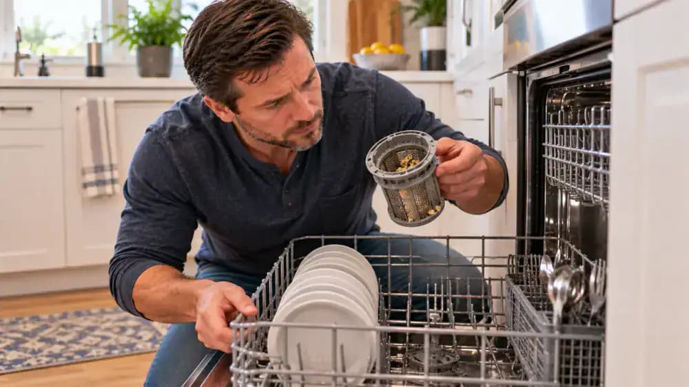 Adult pulling out the lower dishwasher rack to inspect the secured filter for crumbs and grease while noting the check on a reusable kitchen maintenance card.