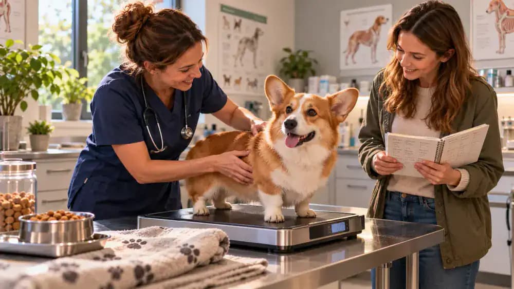 Corgi standing on a veterinary scale while its owner and veterinarian review weight trends on a tablet, with a feeding diary nearby.