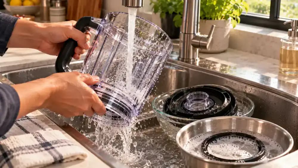 Close-up of an adult rinsing a transparent blender jar with its blades removed under warm running water in a stainless steel sink, alongside a separate black lid, rubber gasket in a mesh strainer, and detachable blade assembly secured in a protective holder.