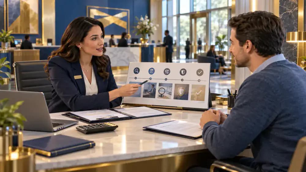 Bank employee discussing a debit card fraud investigation with a customer