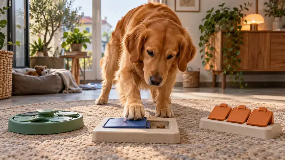 Dog practicing one sliding panel while other puzzle mechanisms remain unused