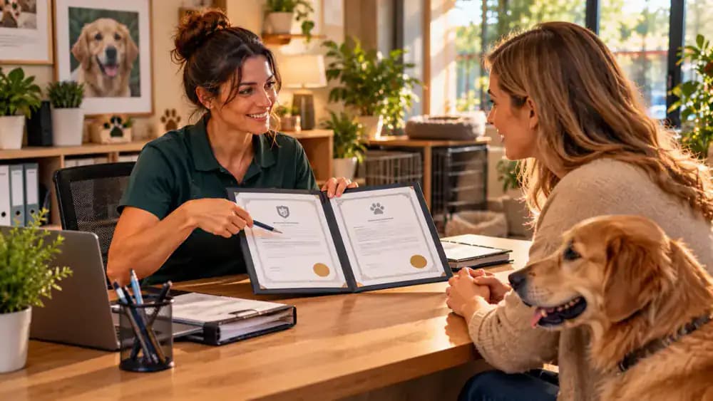 Pet boarding facility manager meeting with an owner in an office, presenting licensing certificates, insurance information, and written policies while the owner reviews liability terms and takes notes.