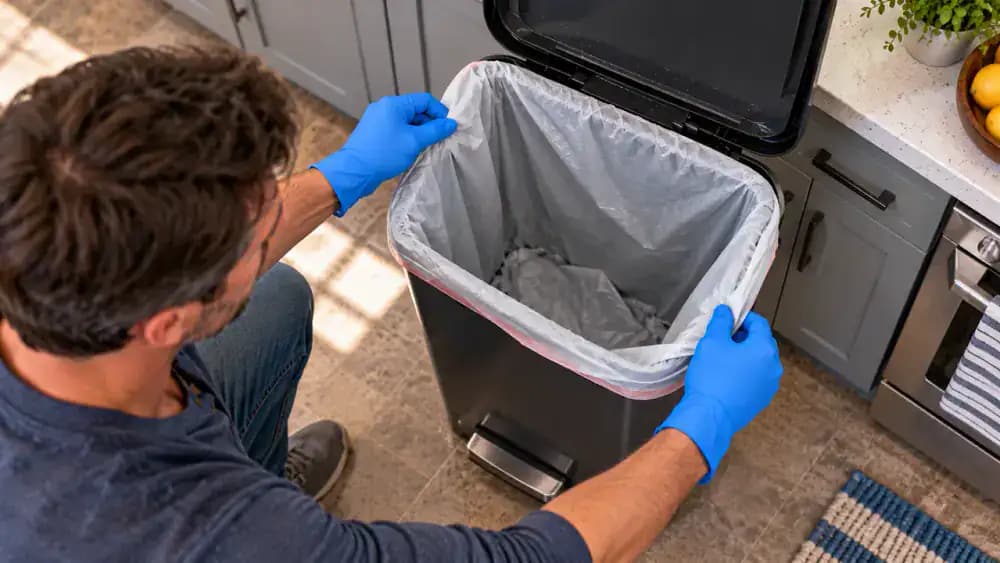 Gloved person placing a clean absorbent tray under a kitchen trash can and checking the surrounding floor for moisture