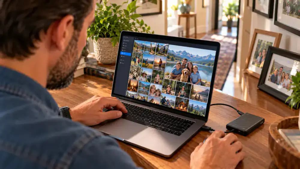 Adult checking an independent family photo backup on an external SSD connected by USB-C to a laptop, with a vacation photograph open in the file manager preview and a locked smartphone beside it.