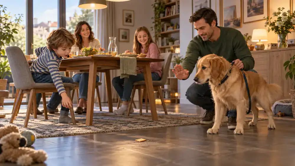 In a family dining room, a child accidentally drops a cracker while an adult calmly guides a dog away from the fallen snack.