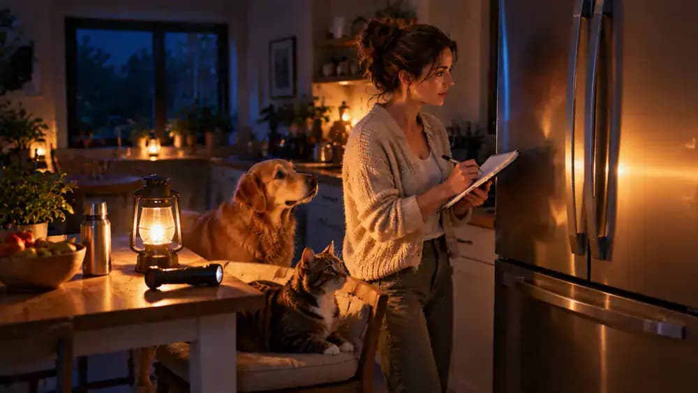 Pet owner standing beside a closed refrigerator in a dark kitchen, checking a power outage notification on a phone and recording the time in a notebook, with a Golden Retriever resting nearby.