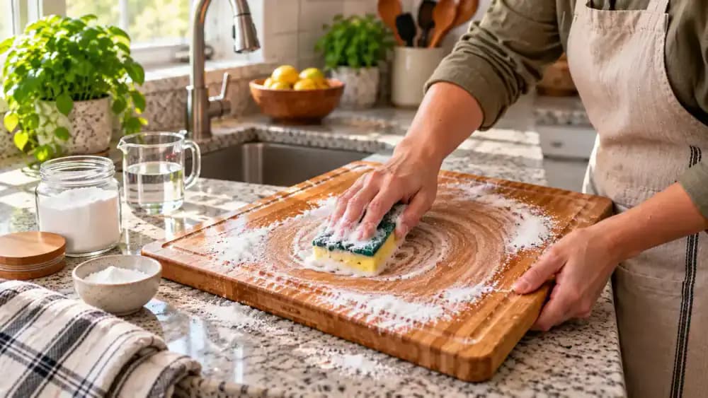 Hand sprinkling baking soda through a mesh sifter onto a damp wooden cutting board on a draining tray beside a sink before gentle scrubbing and rinsing.