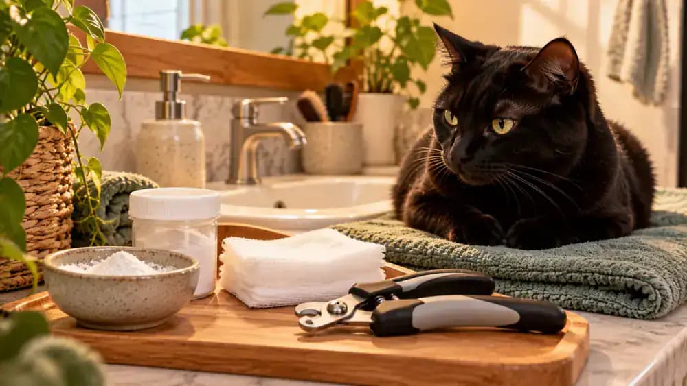 Organized bathroom grooming station with pet-safe styptic powder, sterile gauze, a veterinarian's contact card, and closed cat nail clippers, while a black cat rests calmly in an open carrier nearby.