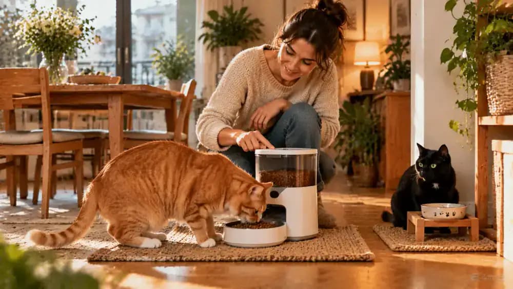 An adult tests a programmable automatic feeder dispensing dry kibble for an orange tabby cat, while a black cat waits behind a transparent partition at a separate feeding station.