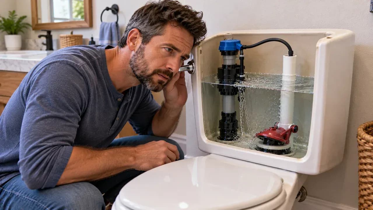 Open toilet tank during a complete flush cycle, showing the flapper lifting, resealing flat, and the tank refilling to the correct water level while a person listens for unexpected refill sounds.