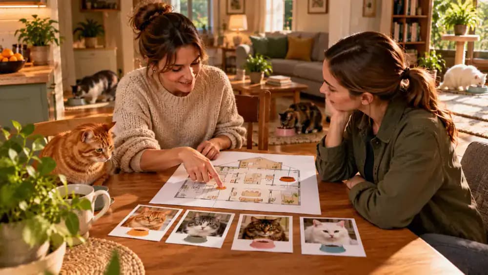 Cat owner explaining a feeding plan to a pet sitter at a dining table with a printed house map, two labeled food containers, and a handwritten checklist.