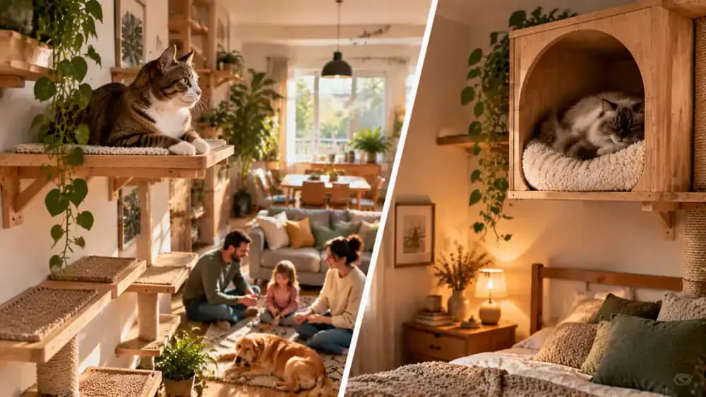 One cat relaxing on an open shelf overlooking a family playing a board game while another rests inside a quiet elevated cubby in a separate room.