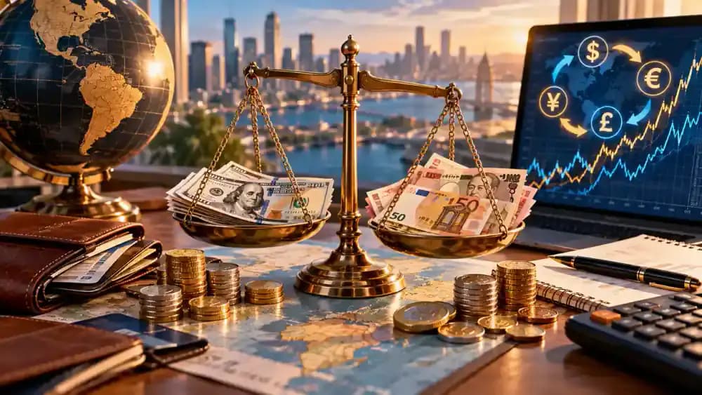 Balanced financial scale beside international banknotes and a currency exchange chart representing independent rate comparisons.