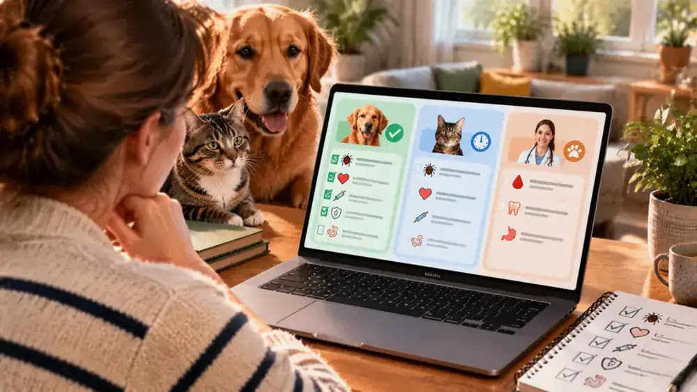 Digital pet prevention checklist displaying completed, upcoming, and awaiting veterinary confirmation columns, with an uncertain treatment entry flagged for the clinic.